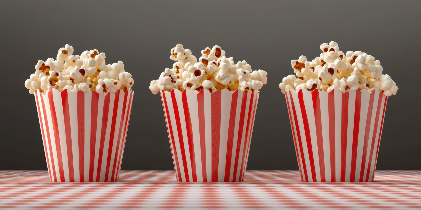 Popcorn in striped containers arranged on a checkered tablecloth with a dark background